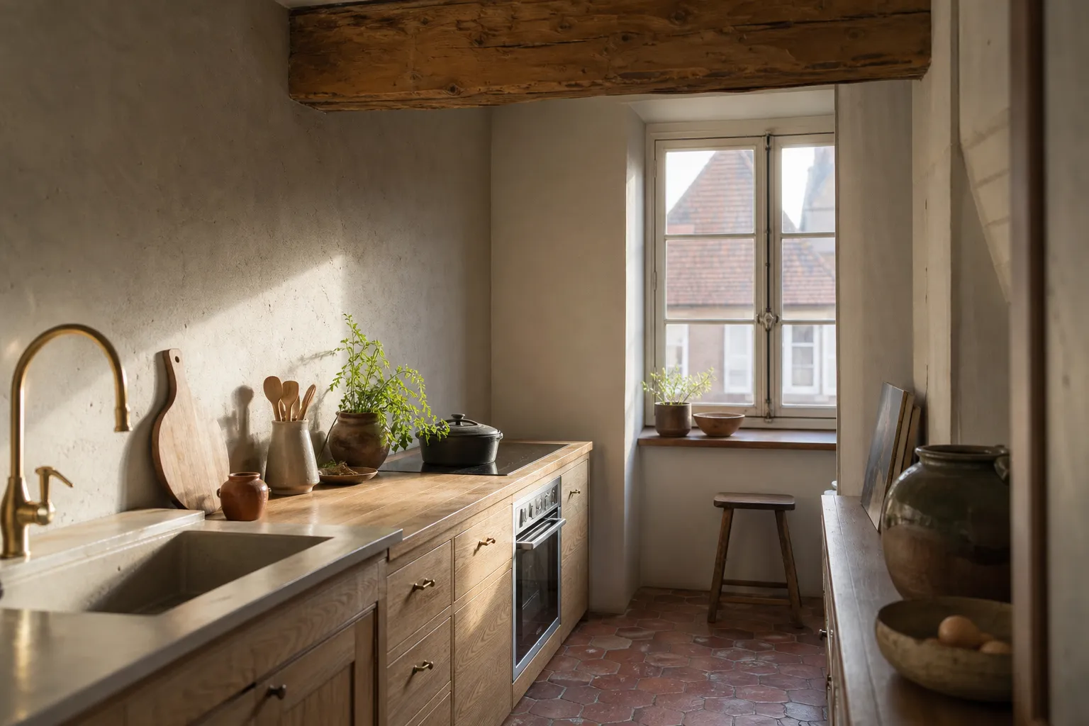 Cuisine étroite d'un immeuble ancien alsacien, poutre apparente et fenêtre à tableau épais