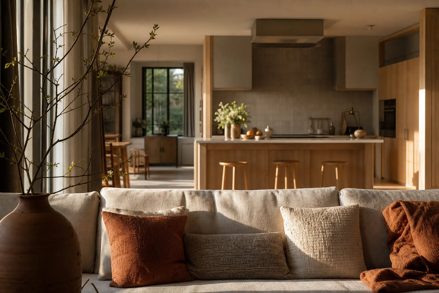 Vue depuis un canapé vers une cuisine ouverte, hotte de plafond au-dessus du plan de cuisson