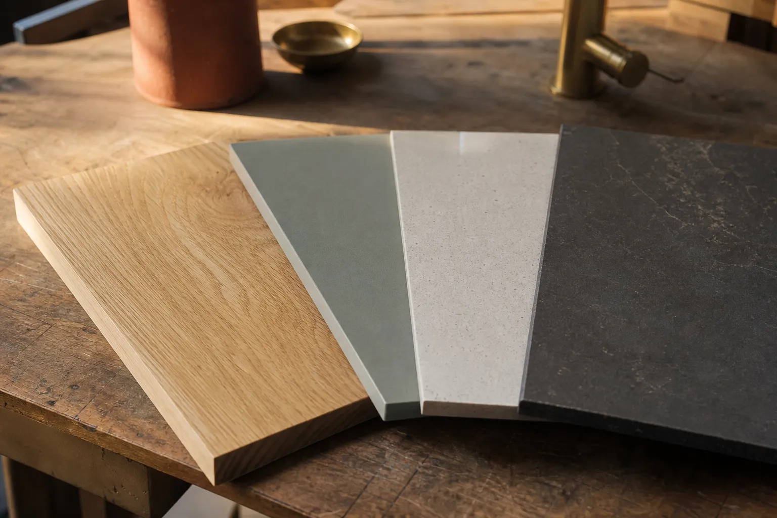 Quatre chutes de plan de travail en éventail sur un établi : bois, stratifié, quartz, céramique