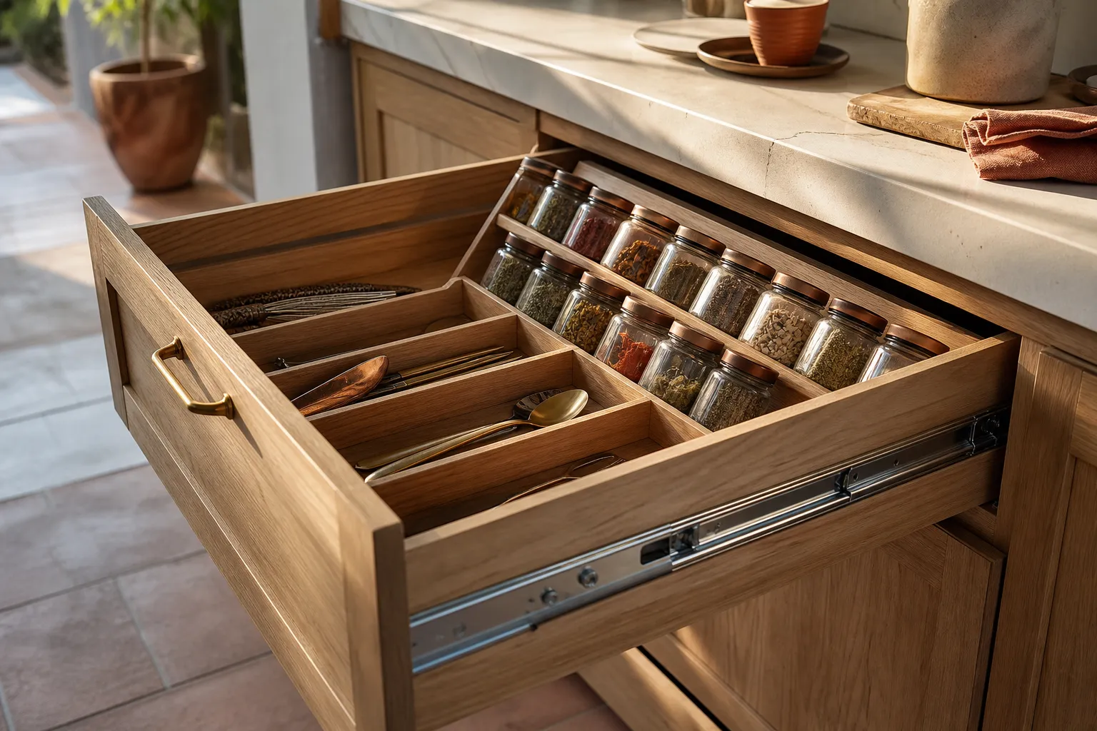 Tiroir de cuisine ouvert montrant séparateurs à couverts et range-épices incliné en bois