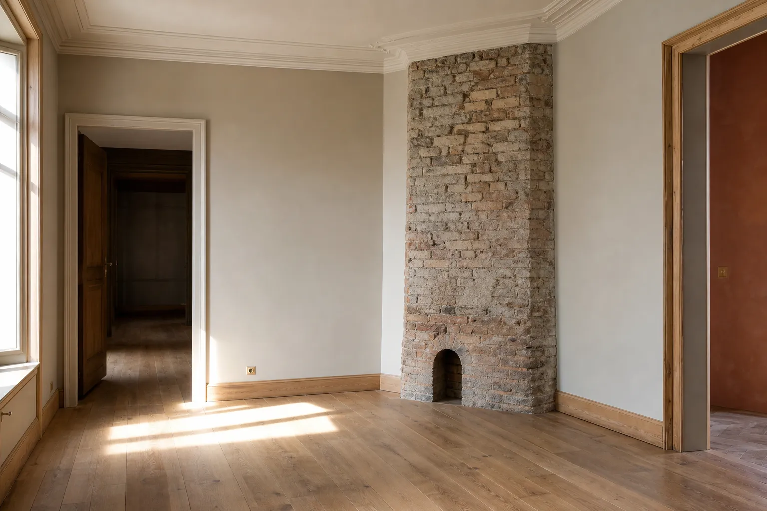 Appartement ancien vidé de ses meubles, conduit de fumée maçonné en saillie dans un angle