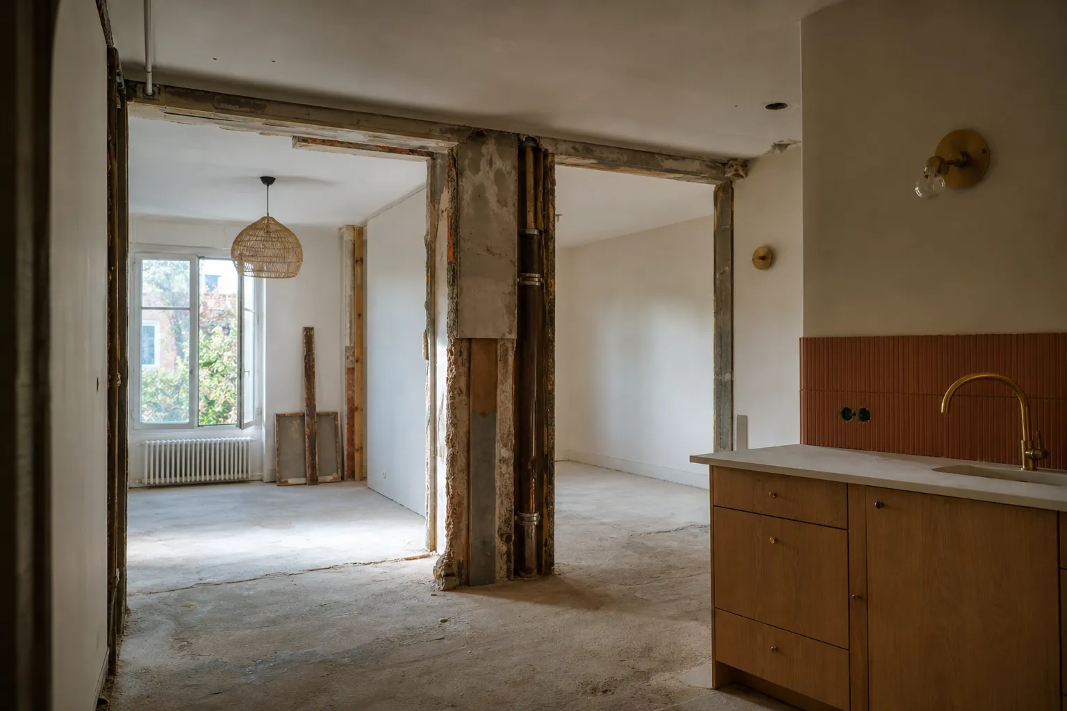 Appartement de résidence collective des années soixante en travaux, gaine technique verticale apparente