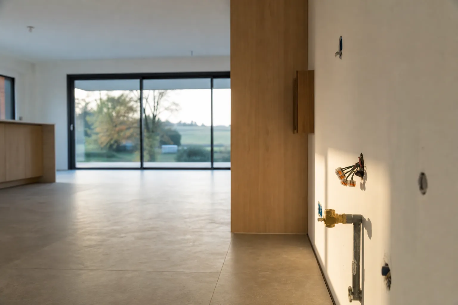 Maison récente encore vide, attente électrique et arrivée d'eau visibles sur un mur