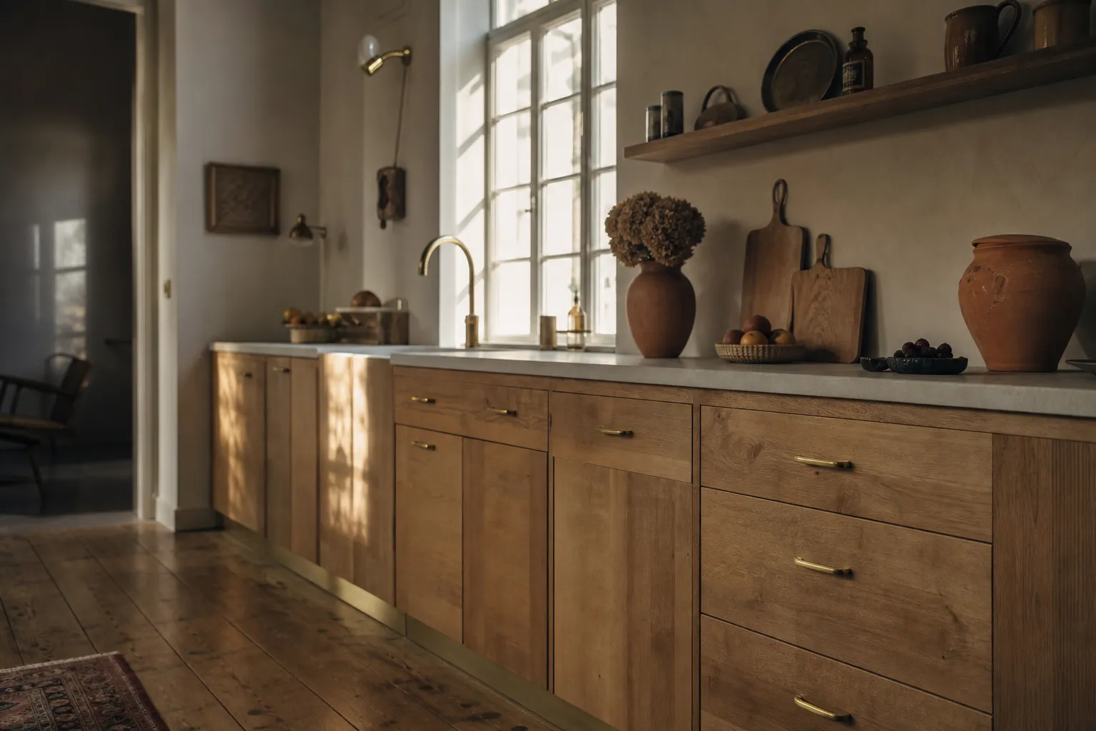 Cuisine linéaire d'appartement ancien, plan de travail passant sous une fenêtre à petits carreaux