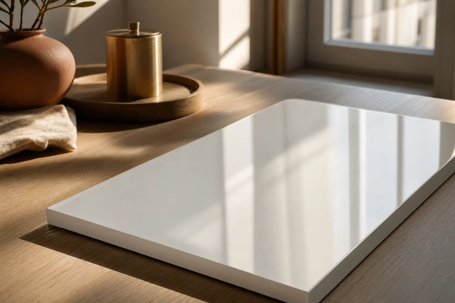 Échantillon de façade laquée brillante blanc cassé, reflet allongé d'une fenêtre sur la surface
