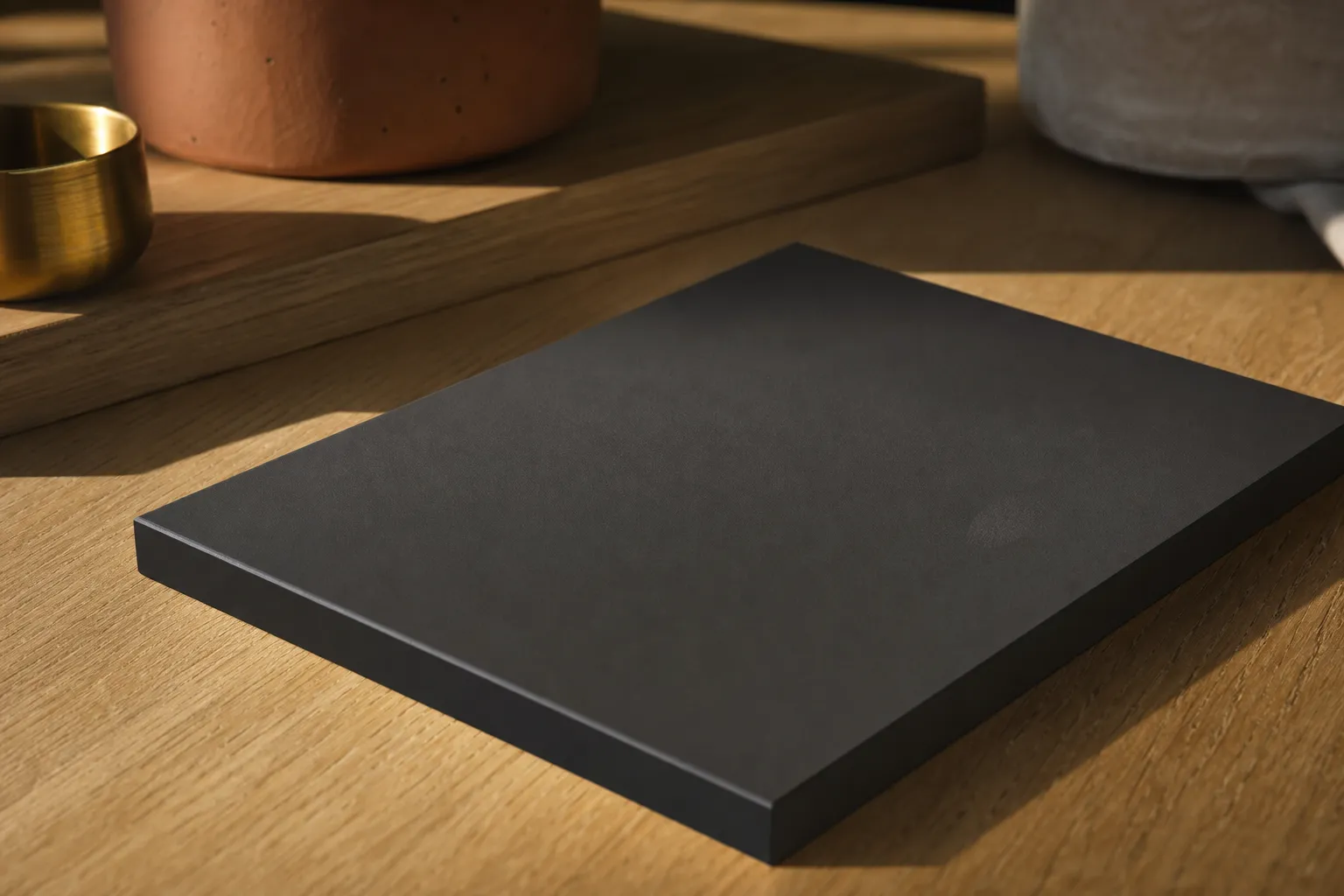 Échantillon de façade laquée mate anthracite, surface veloutée qui absorbe la lumière
