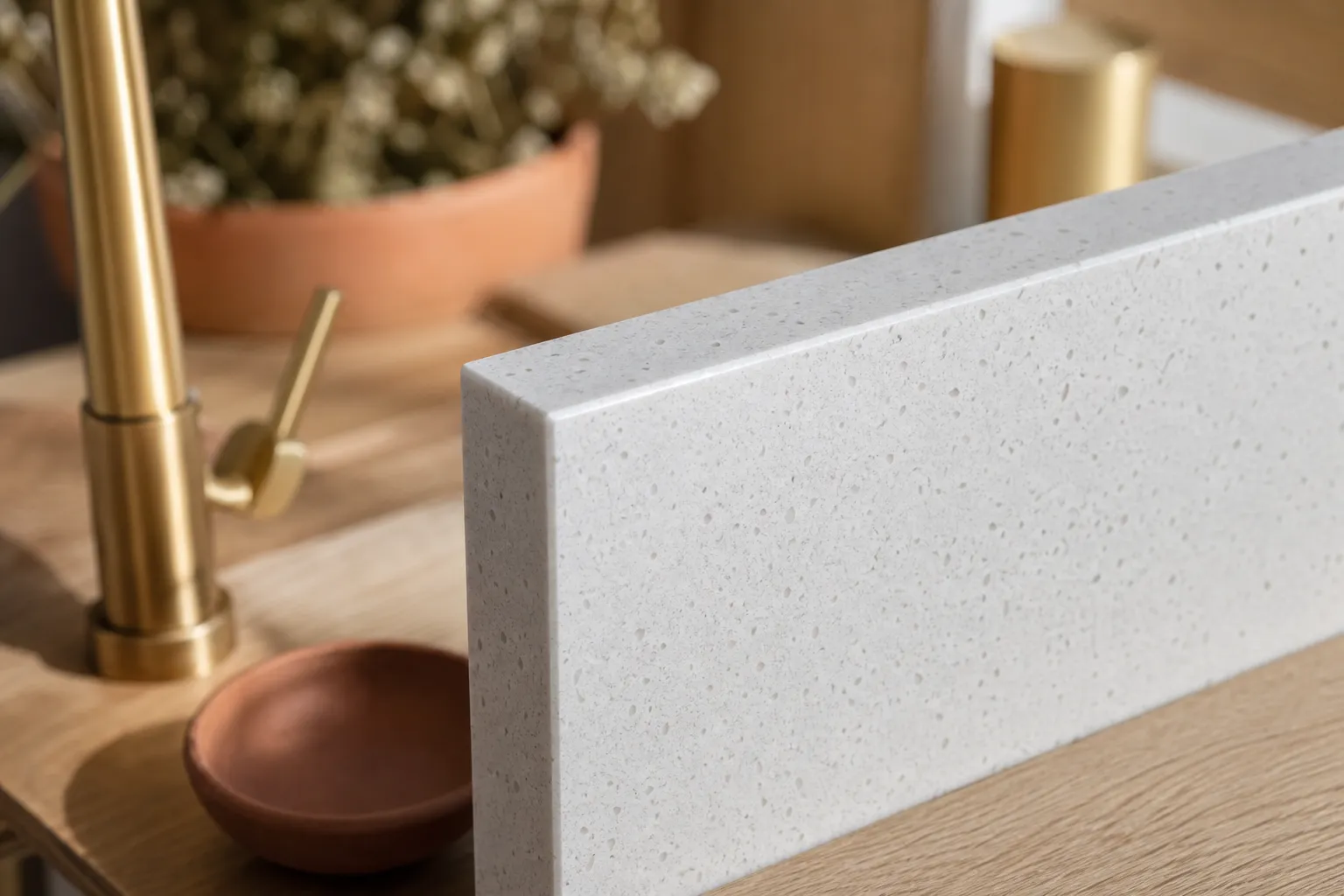 Échantillon de plan de travail en quartz blanc à grains gris, posé sur chant, arête vive