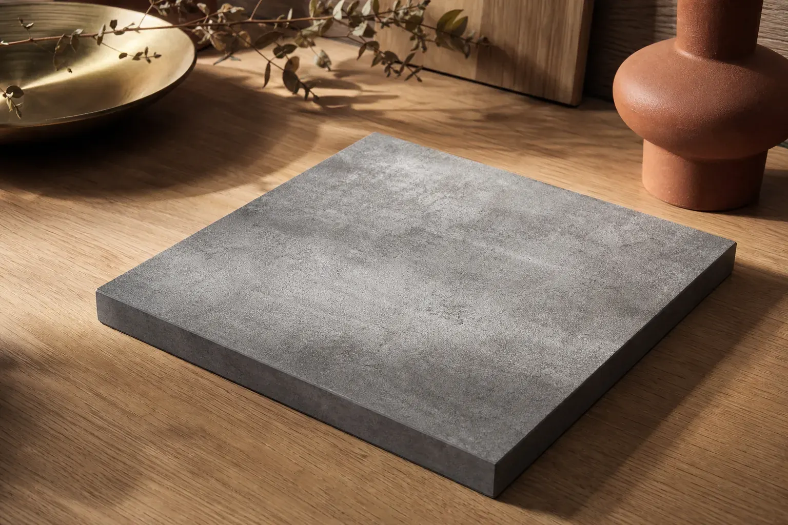 Échantillon de plan de travail stratifié à décor béton gris, légère texture de surface