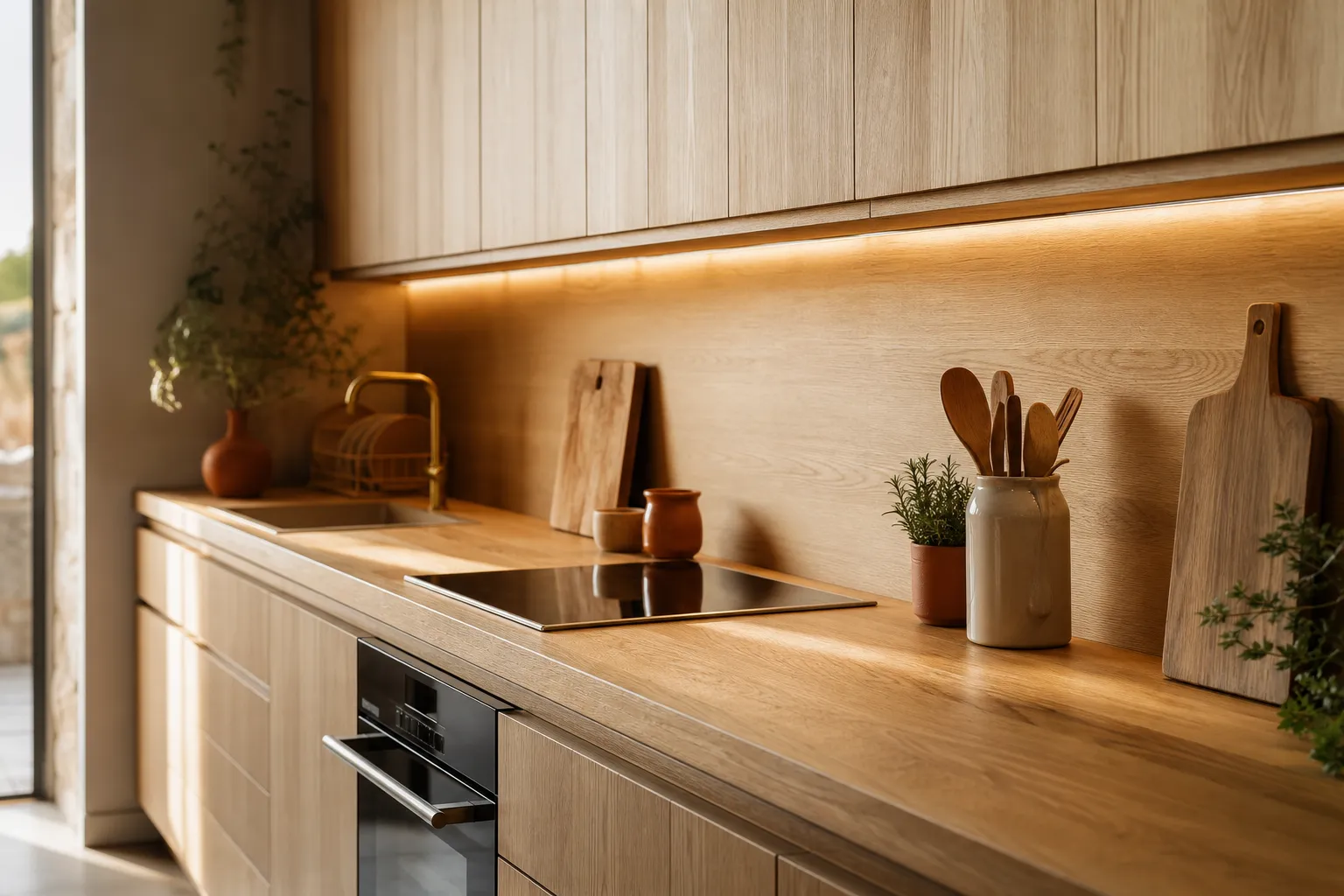 Cuisine en bois clair à fil vertical, plan de travail massif huilé, éclairage sous meuble haut allumé