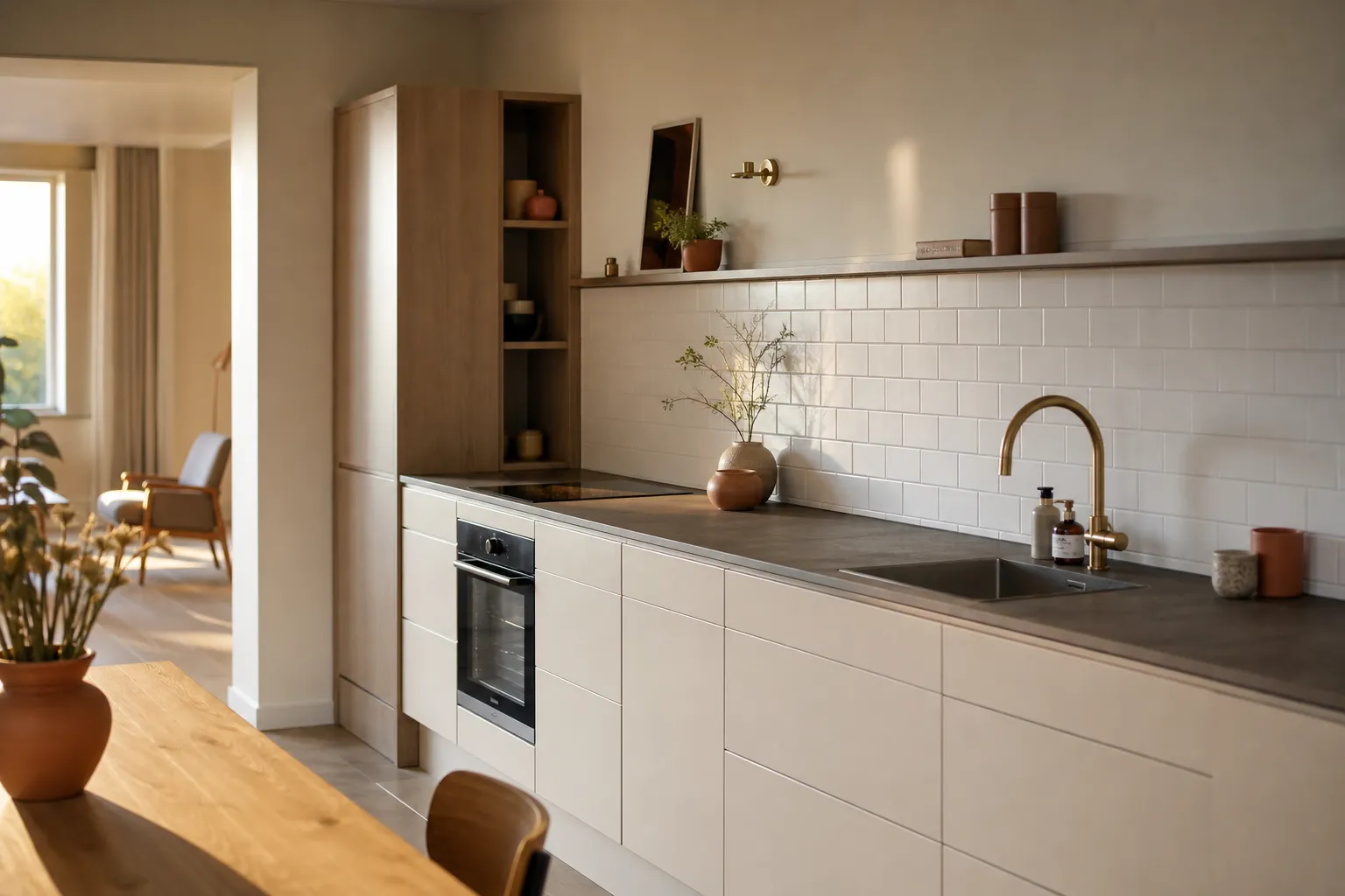 Cuisine linéaire le long d'un seul mur, façades mates claires sans poignée et crédence en faïence