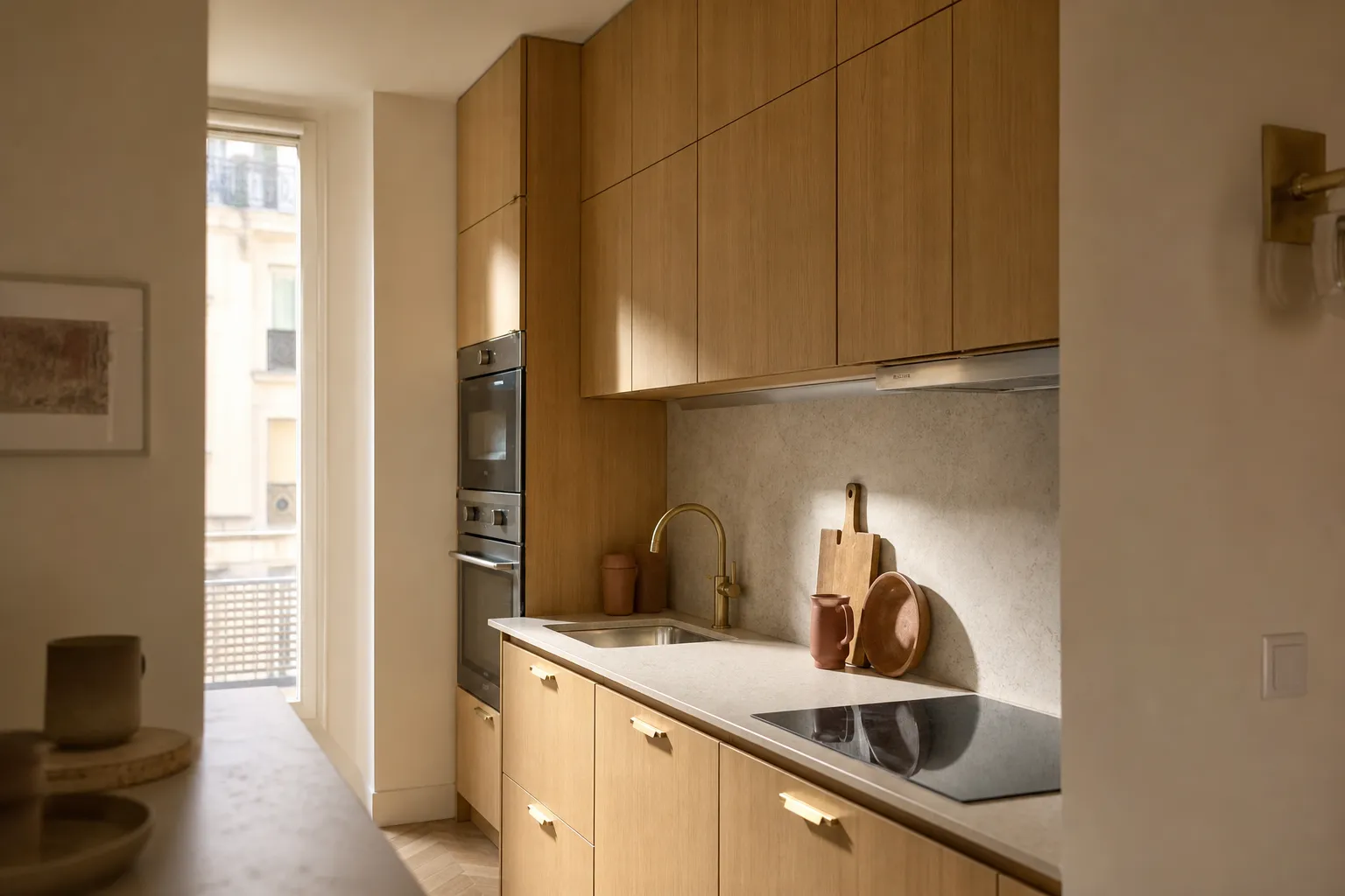 Très petite cuisine d'appartement, deux mètres cinquante de linéaire et rangement jusqu'au plafond